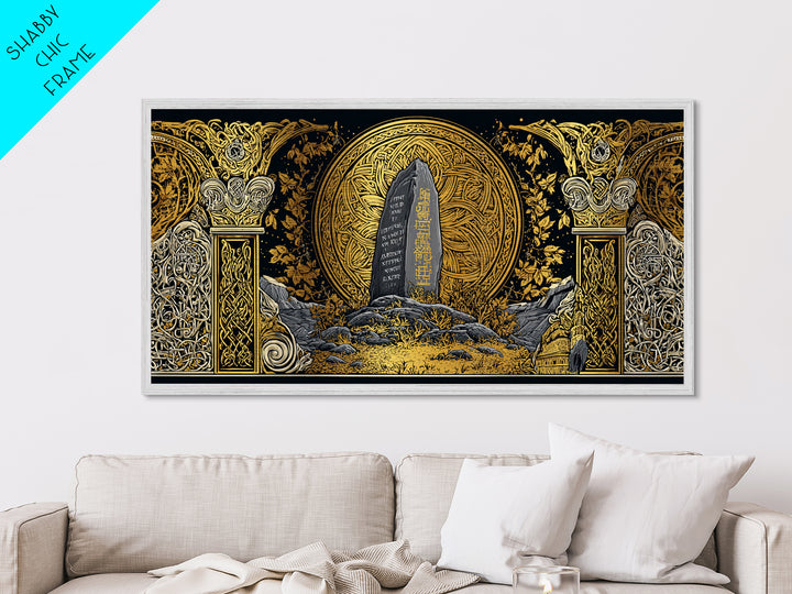 Viking Helmet Metallic Gold Art Metal Art, Norse Warrior Helmet Decor framed in Natural Wood, Nordic Office or Dad Gift Wall Art