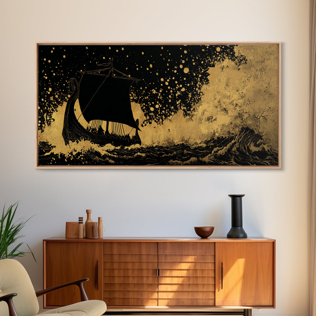 Canvas Art Viking Rune Stone Canvas Gold Art, Norse Mythology Wall Decor with Real Wood Frame, Man Cave Nordic Office Artwork