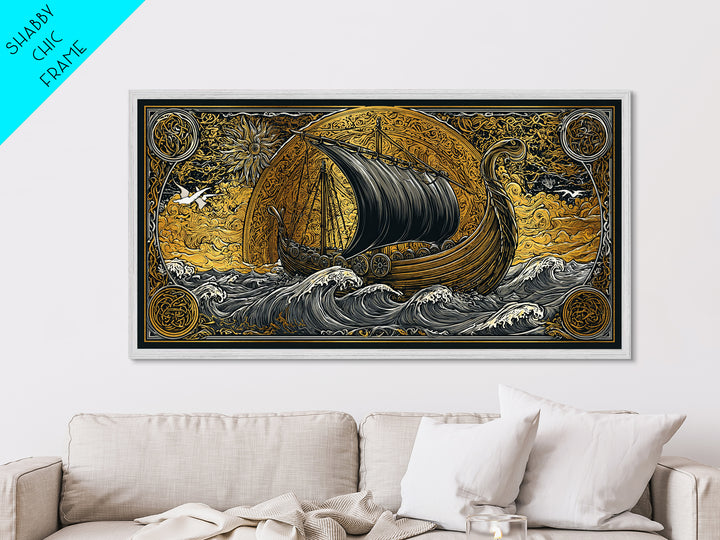 Viking Ship Metallic Gold Art Metal Art, Norse Longboat Sailing Wall Decor with Real Wood Frame, Nordic Mythology Office Artwork