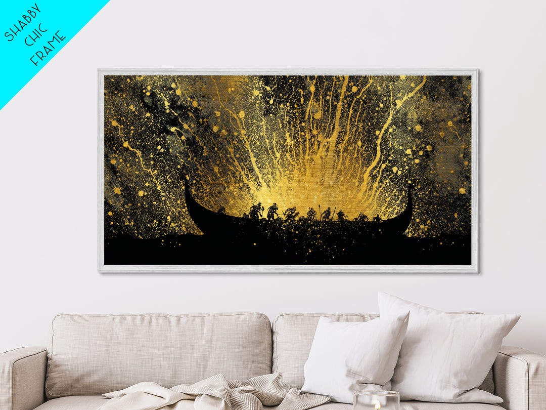 Metal Art Viking Longship Metallic Gold Art, Nordic Seafaring Norse Decor in Real Wood Frame, Man Cave or Office Wall Hanging