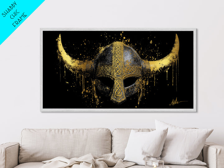 Nordic Valkyrie Metallic Gold Art Metal Art, Norse Goddess Warrior Silhouette with Wings, Man Cave Wall Art in Real Wood Frame