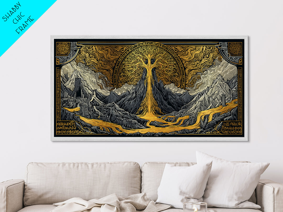Yggdrasil Metallic Gold Art Metal Art, Norse World Tree of Life Wall Decor framed in Natural Wood, Nordic Mythology Office Artwork