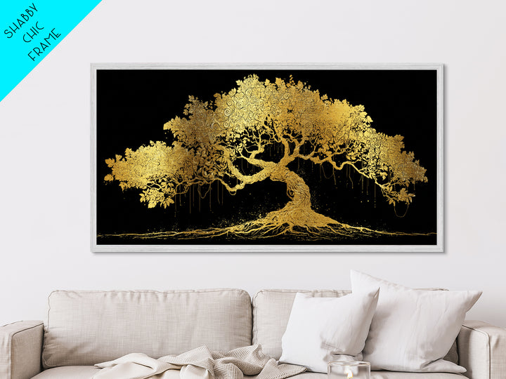 Metal Art Yggdrasil Metallic Gold Art, Norse Tree of Life Wall Hanging with Real Wood Frame, Nordic Mythology Man Cave or Dad Gift