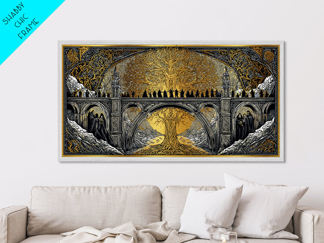 Yggdrasil Bridge Nordic Mythology Wall Decor | Metallic Gold Art Metal Art | Norse Gods Fantasy Scene framed in real wood