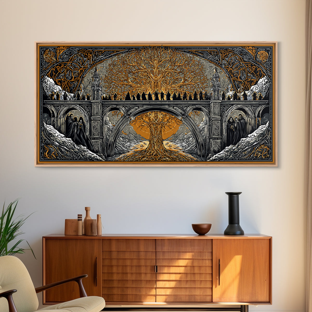 Yggdrasil Bridge Nordic Mythology Wall Decor | Canvas Gold Art Canvas Art | Norse Gods Fantasy Scene framed in real wood