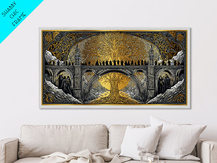 Yggdrasil Bridge Nordic Mythology Wall Decor | Metallic Gold Art Metal Art | Norse Gods Fantasy Scene framed in real wood