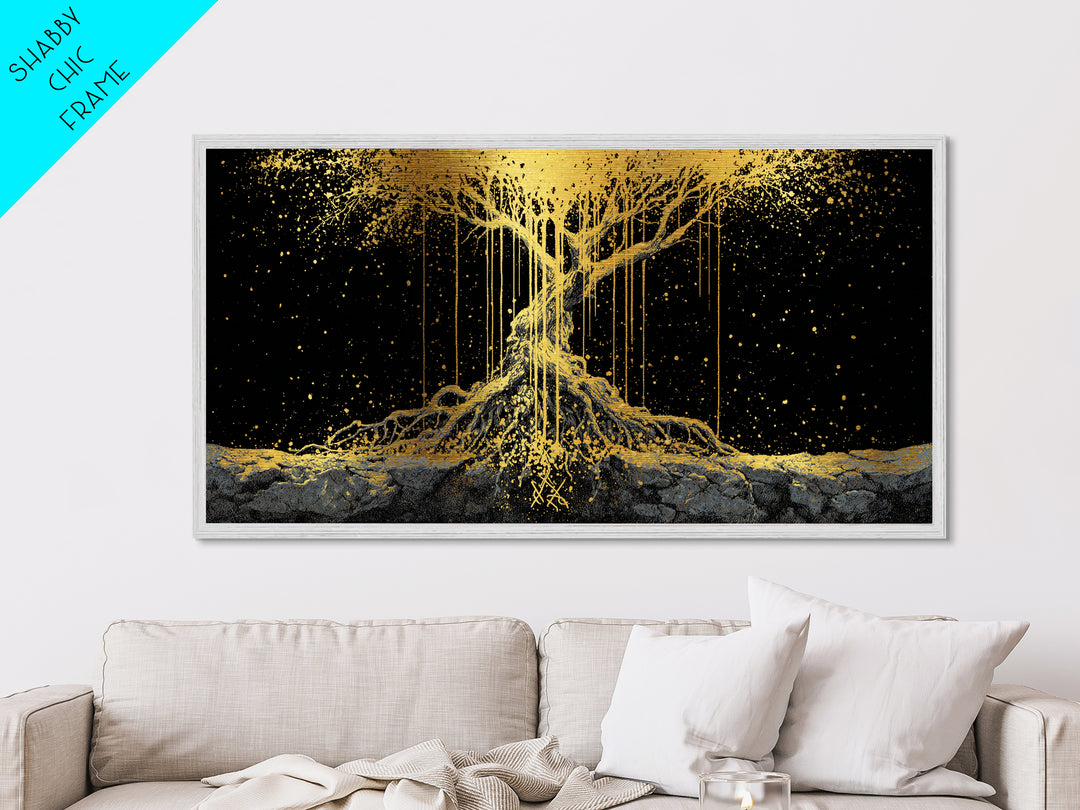 Norse Yggdrasil Tree of Life Metallic Gold Art Metal Art | Nordic Mythology Office Wall Decor Man Cave Gift in natural wood frame