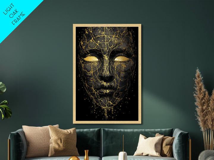Cracked Mask Metallic Gold Art Metal Art | Norse Mythology Symbolic Face Wall Decor | Viking Pagan Office or Man Cave Art Framed in Wood