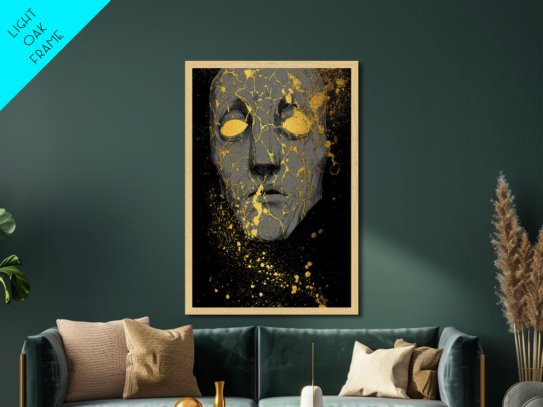 Metallic Gold Art Metal Art Norse Mythology Mask Design, Nordic Wall Decor with Real Wood Frame for Office or Dad Gift