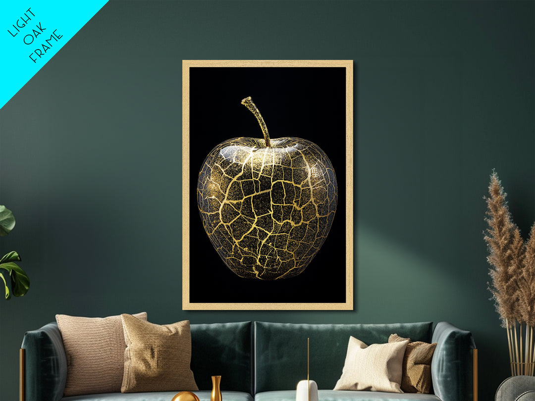 Golden Apple of Idunn Norse Myth Metallic Gold Art Metal Art, Viking Wall Decor framed in authentic natural wood