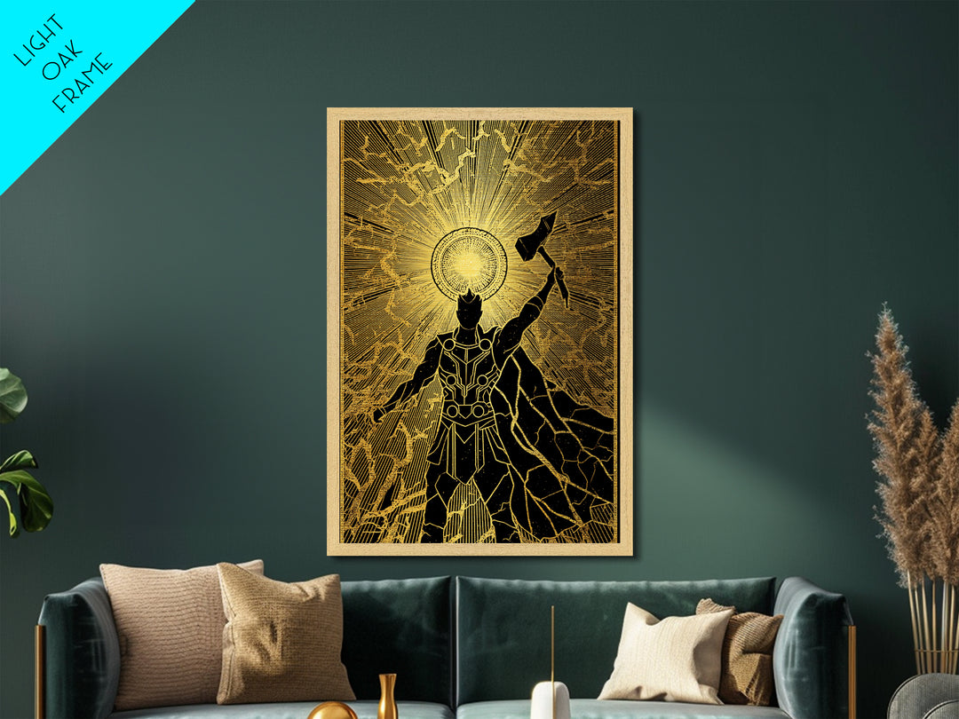 Norse God Thor Lightning Hammer Metallic Gold Art Metal Art Nordic Mythology Office Wall Art Man Cave framed in wood