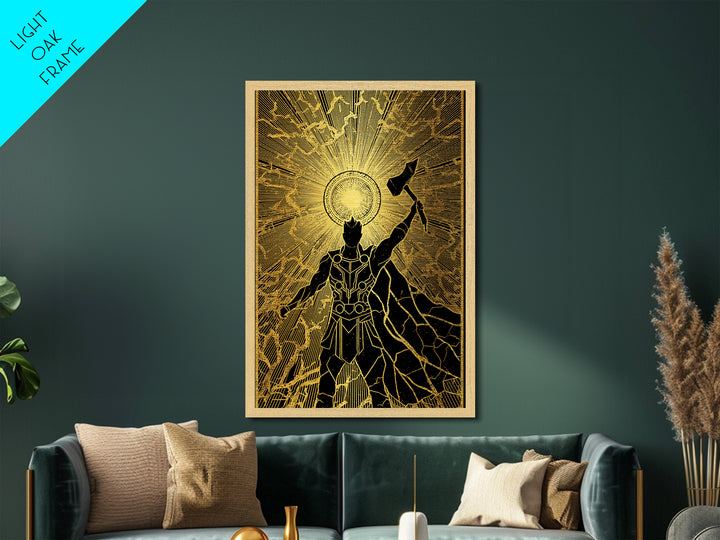 Norse God Thor Lightning Hammer Metallic Gold Art Metal Art Nordic Mythology Office Wall Art Man Cave framed in wood