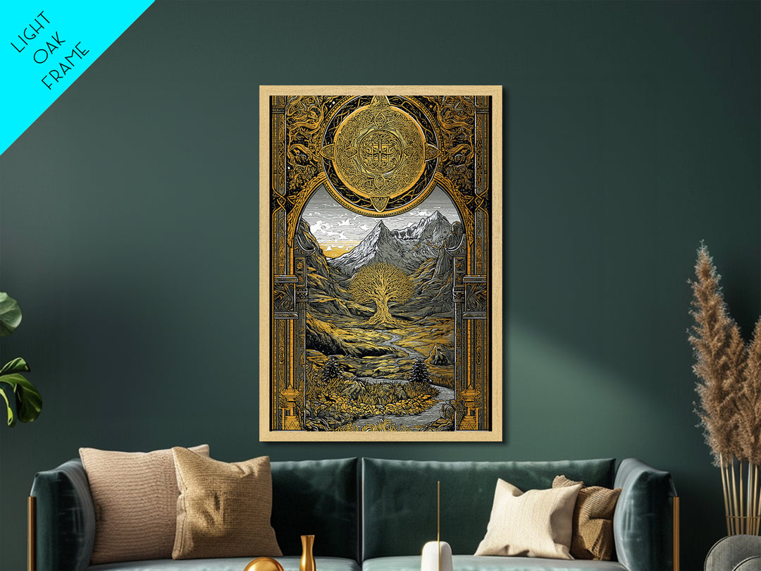 Yggdrasil World Tree Metallic Gold Art Metal Art Nordic Mythology Nature Wall Decor, Viking Office or Man Cave framed in wood