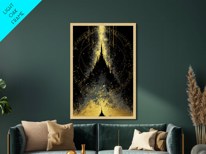 Mystical Asgard Silhouette Metallic Gold Art Metal Art Nordic Mythology Fantasy Castle Wall Decor, framed in natural wood style