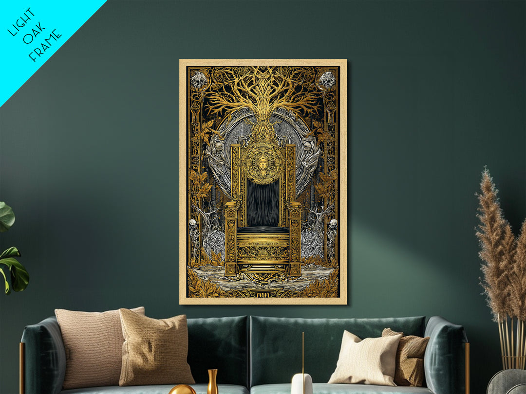 Nordic Throne Metallic Gold Art Metal Art Viking Mythology Wall Decor, Norse Royal Seat Wall Art framed in wood for Office Gift