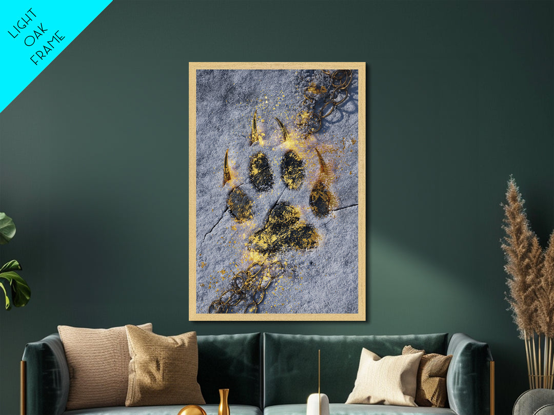 Fenrir’s Paw Print Metallic Gold Art Metal Art Norse Wolf Mythology Wall Decor, Viking Office Art framed with real wood for Men