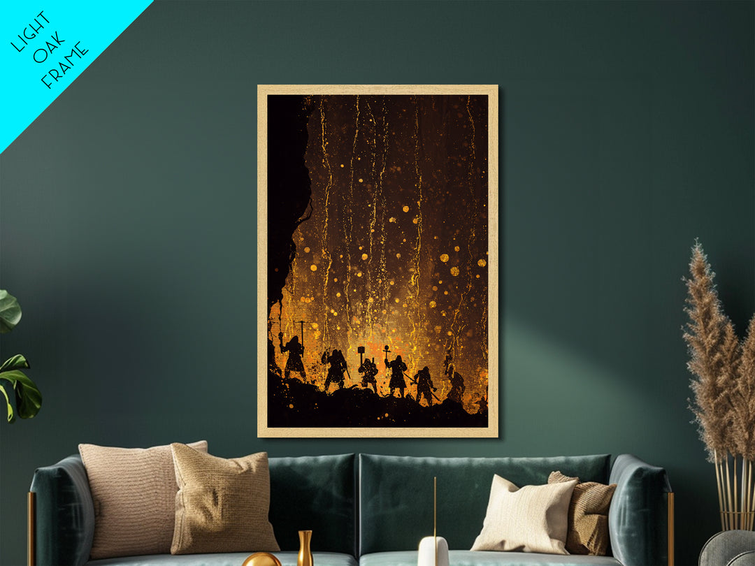 Norse Dwarves Warrior Silhouette Metallic Gold Art Metal Art Nordic Mythology Man Cave Wall Decor framed in natural wood
