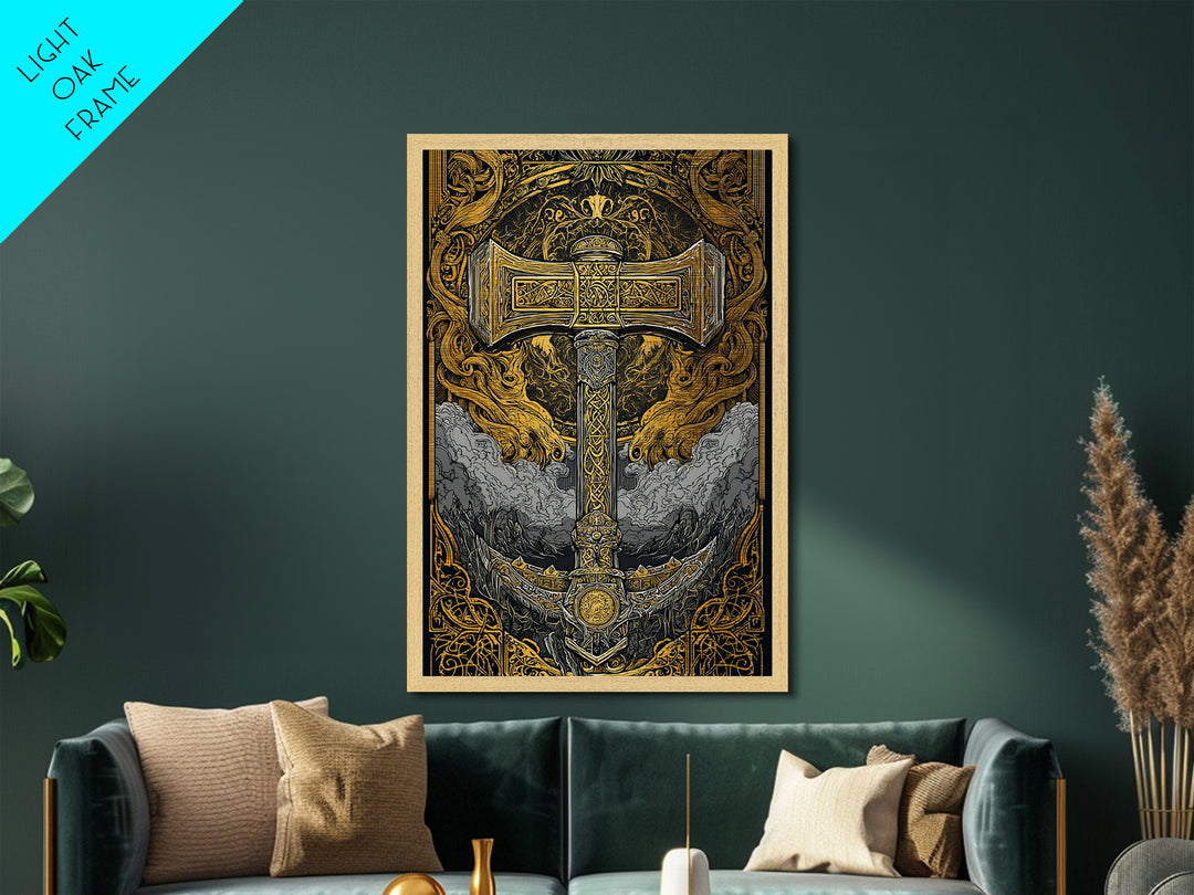 Thor’s Hammer Mjölnir Intricate Nordic Design Metallic Gold Art Metal Art Norse Mythology Man Cave Wall Art framed in oak