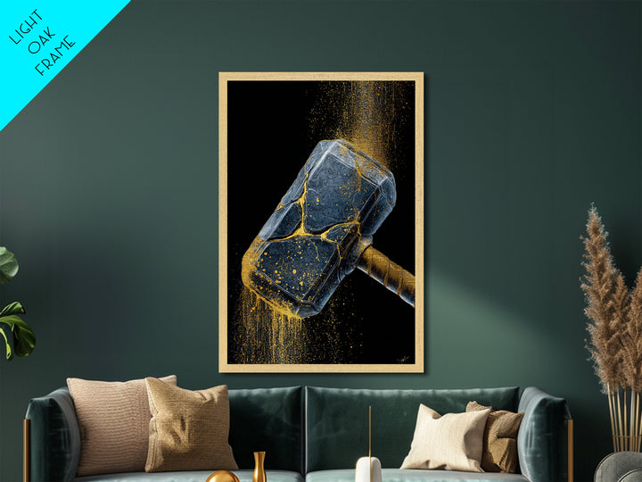 Norse Hammer Metallic Gold Art Metal Art Nordic Mythology Office Decor Dad Gift Modern Wall Hanging in handcrafted wood frame