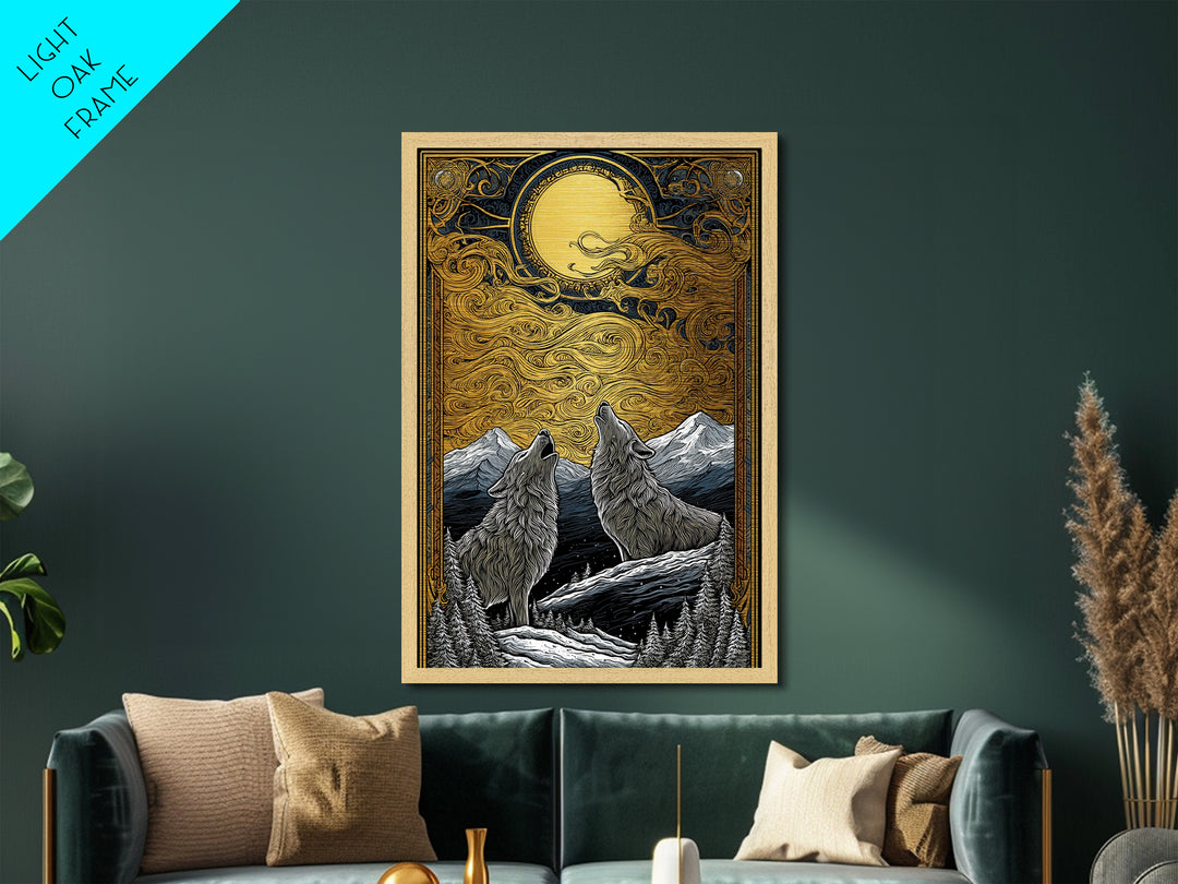 Skoll and Hati Wolves Chasing Sun Metallic Gold Art Metal Art Norse Mythology Nordic Wall Decor Office Art in wood frame