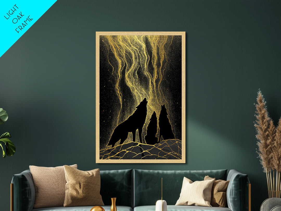 Howling Wolves Under Golden Sky Metallic Gold Art Metal Art Norse Mythology Nordic Decor Man Cave or Office framed in solid wood