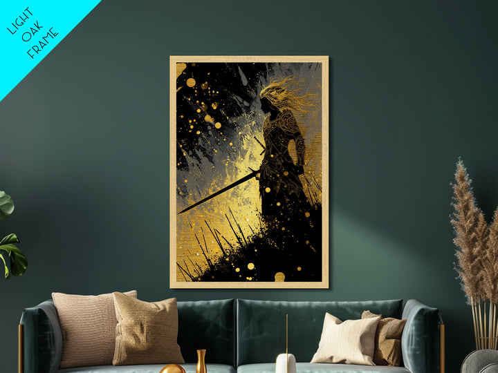 Nordic Warrior Silhouette Metallic Gold Art Metal Art – Viking Mythology Wall Art for Dad Gift or Office, in real wood frame
