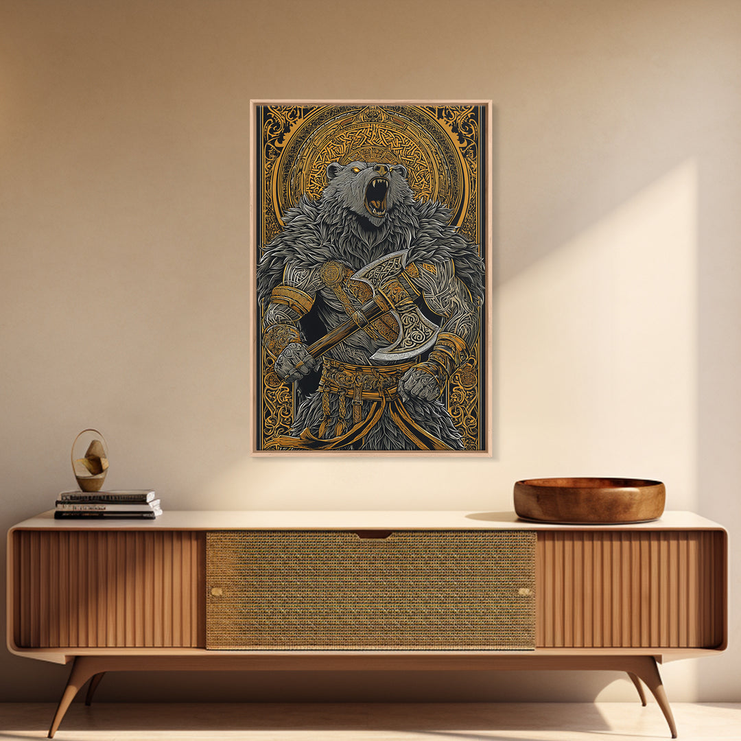 Nordic Bear Warrior Canvas Gold Art Canvas Art | Viking Mythology Wall Decor for Office or Man Cave | Framed in Natural Wood