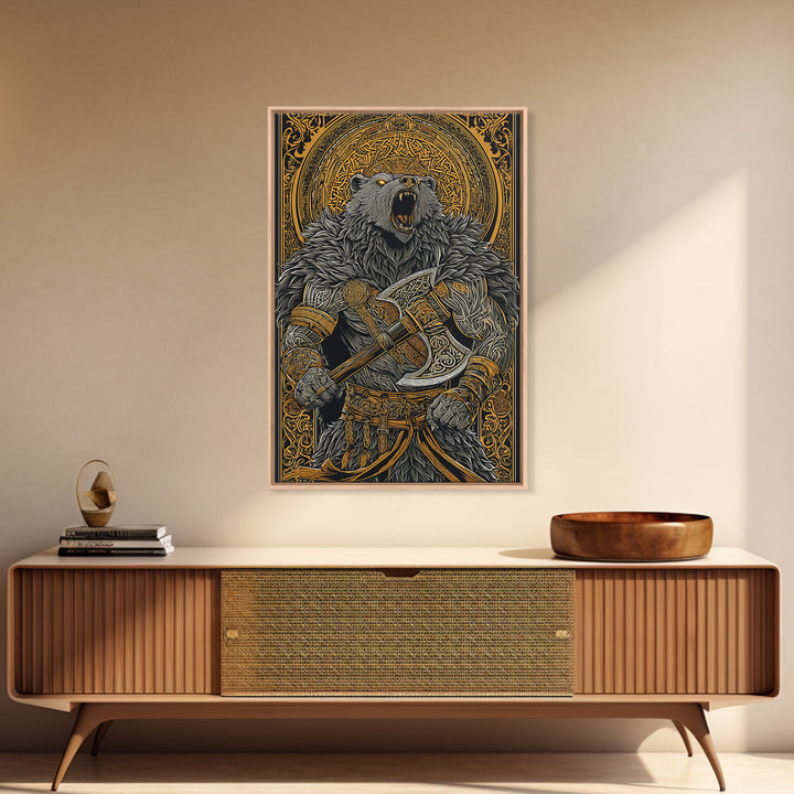 Nordic Bear Warrior Canvas Gold Art Canvas Art | Viking Mythology Wall Decor for Office or Man Cave | Framed in Natural Wood