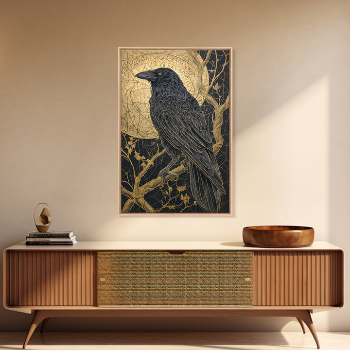 Odin’s Raven Canvas Gold Art Canvas Art | Norse Mythology Bird Symbol Wall Decor for Office or Dad Gift | Set in Real Wood Frame
