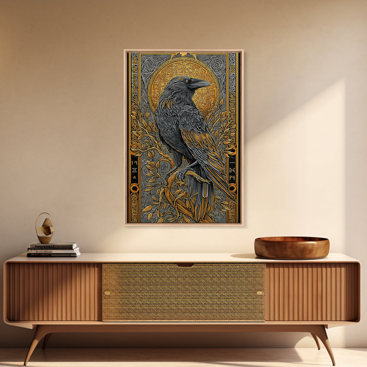 Hugin Raven Canvas Gold Art Canvas Art | Viking Odin Symbol Norse Mythology Decor | Man Cave Wall Art | Framed in Solid Wood