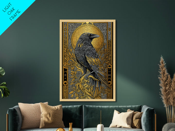 Hugin Raven Metallic Gold Art Metal Art | Viking Odin Symbol Norse Mythology Decor | Man Cave Wall Art | Framed in Solid Wood