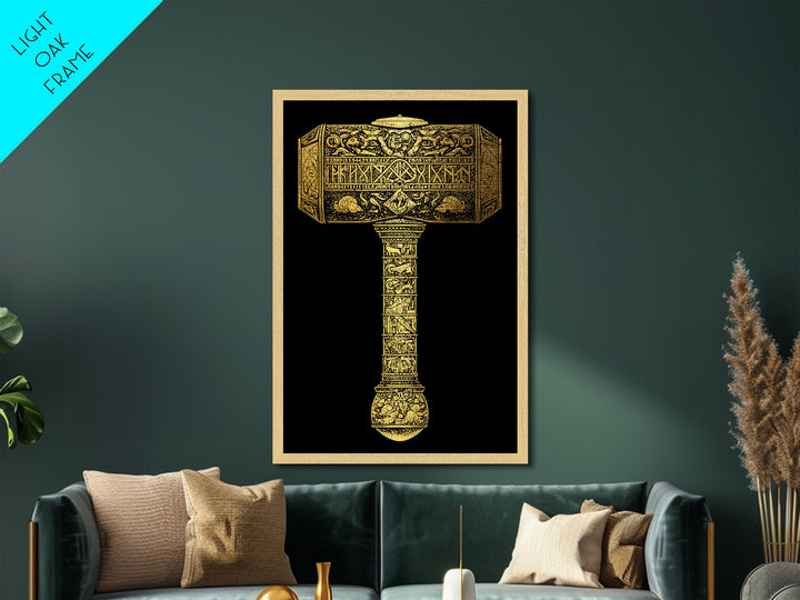 Viking Mjölnir Hammer Metallic Gold Art Metal Art | Nordic Mythology Pagan Symbol Wall Art Dad Gift | Office Decor in Wood Frame