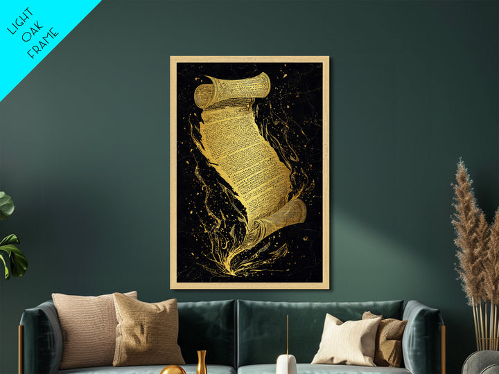Runestone Scroll Metallic Gold Art Metal Art | Nordic Mythology Rune Wall Art Viking Pagan Decor | Natural Wood Frame Man Cave Art
