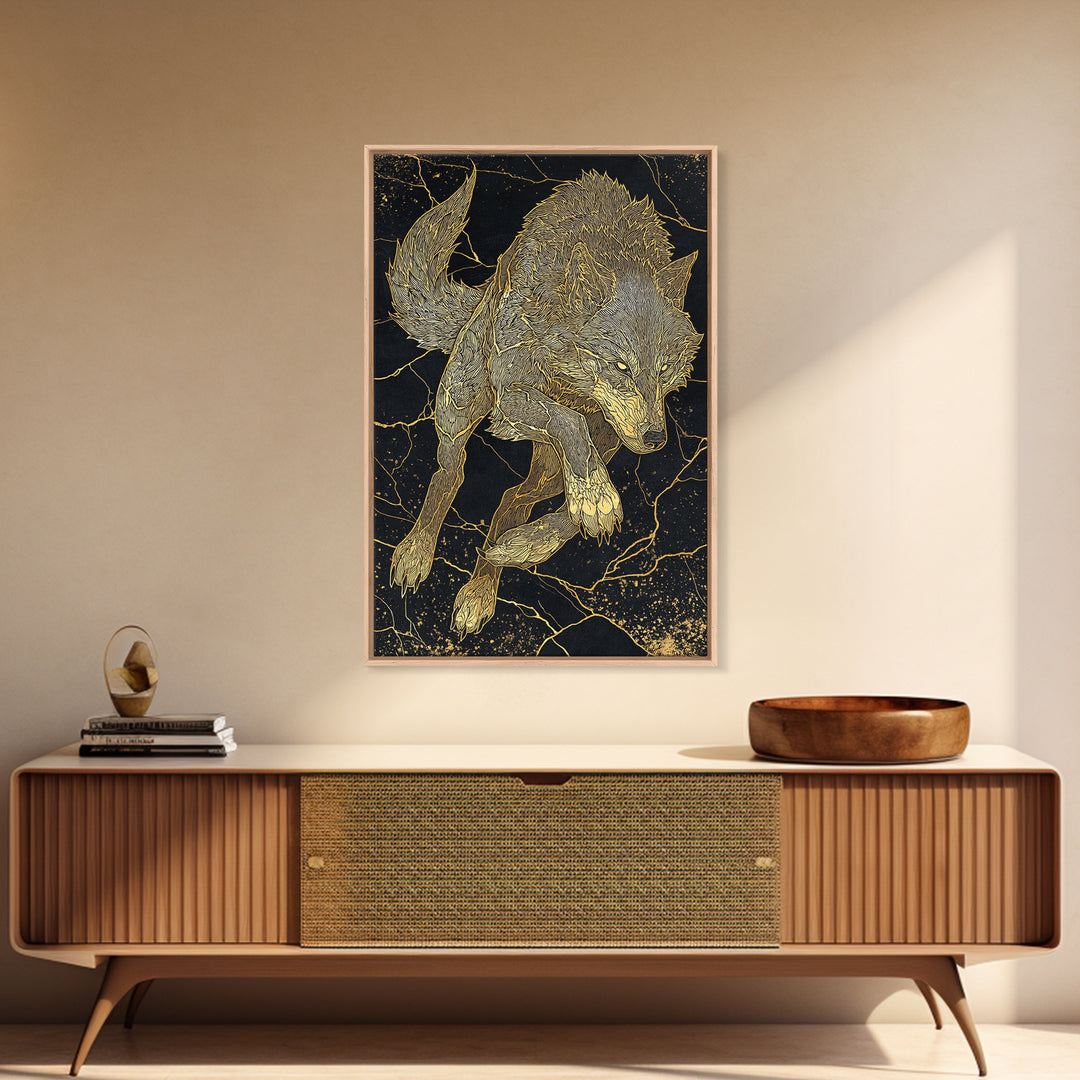 Fenrir Wolf Canvas Gold Art Canvas Art | Norse Mythology Beast Wall Art for Office Decor or Dad Gift | Framed in Real Wood