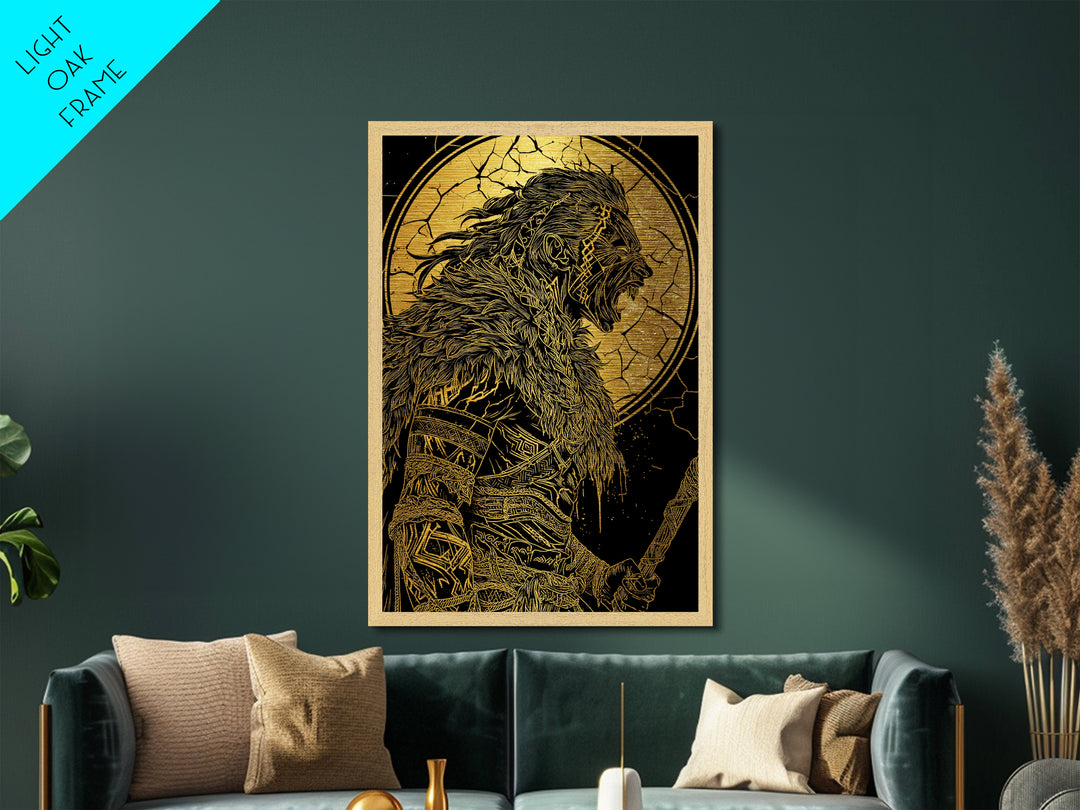 Fierce Viking Berserker Metallic Gold Art Metal Art | Norse Mythology Warrior Wall Art Dad Gift | Mounted with Real Wood Frame