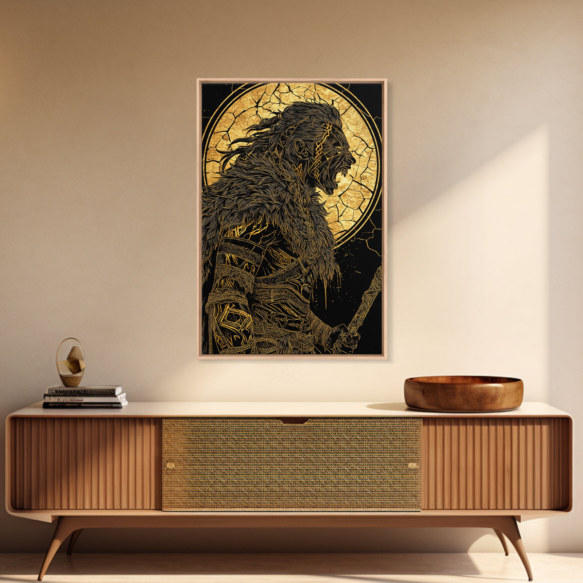 Fierce Viking Berserker Canvas Gold Art Canvas Art | Norse Mythology Warrior Wall Art Dad Gift | Mounted with Real Wood Frame