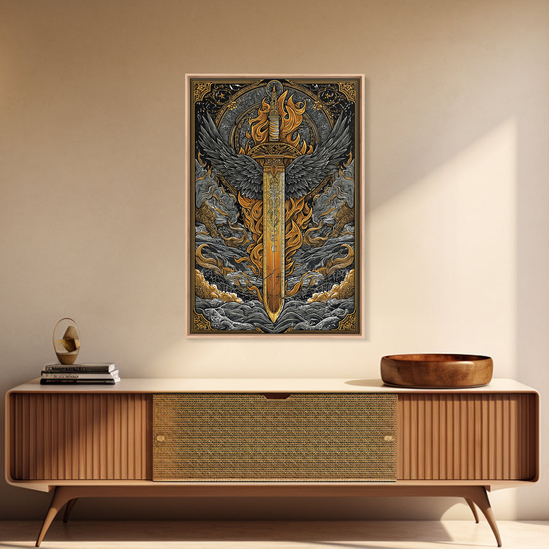 Valkyrie Sword Canvas Gold Art Canvas Art | Norse Mythology Weapon Wall Decor Viking Warrior Art | Mounted in Solid Wood Frame