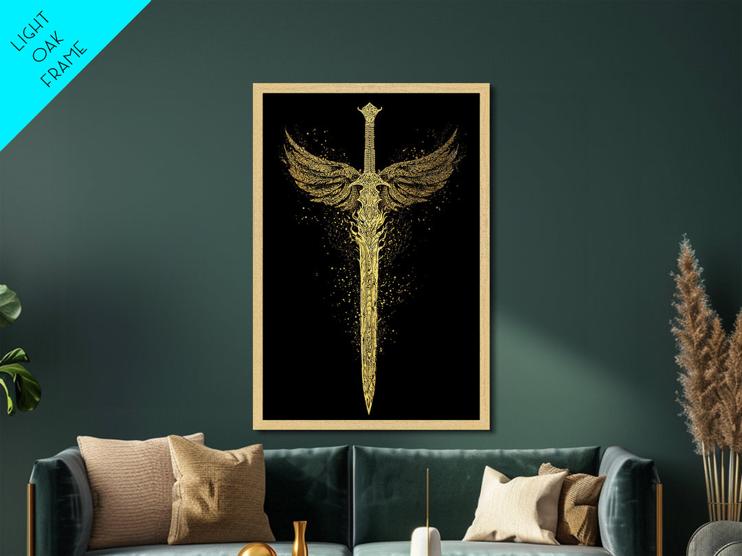 Norse Angelic Sword Metallic Gold Art Metal Art | Viking Warrior Weapon Wall Art Dad Gift | Mounted with Solid Natural Wood Frame