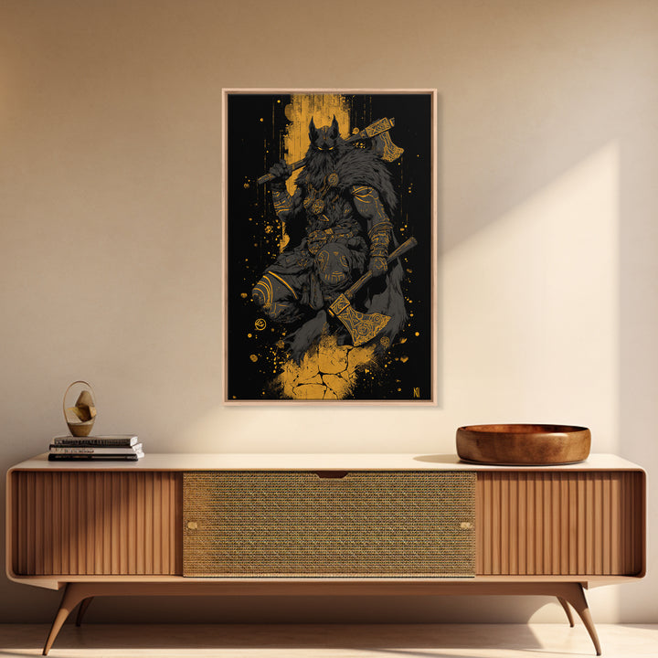 Odin’s Wolf Warrior Canvas Gold Art Canvas Art | Nordic Viking God Wall Decor for Man Cave or Office | Set in Solid Wood Frame