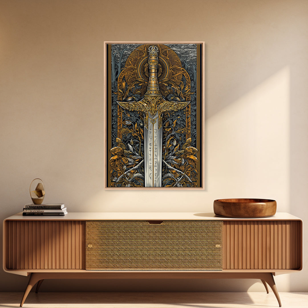 Nordic Forest Sword Canvas Gold Art Canvas Art | Viking Mythology Decor Pagan Warrior Weapon Wall Art | Mounted with Wood Frame