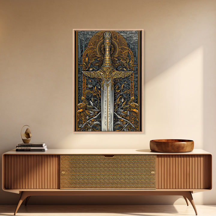 Nordic Forest Sword Canvas Gold Art Canvas Art | Viking Mythology Decor Pagan Warrior Weapon Wall Art | Mounted with Wood Frame