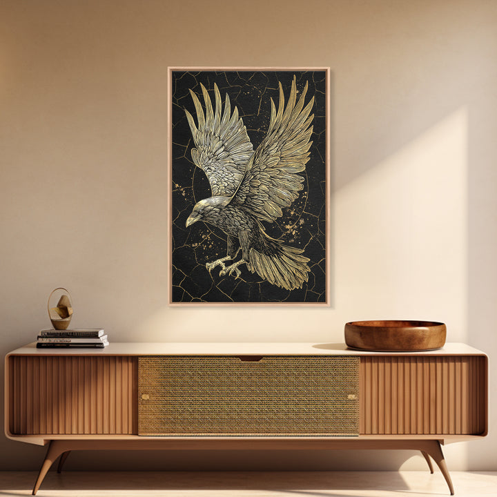 Odin’s Raven Canvas Gold Art Canvas Art | Viking Mythology Wall Decor for Office or Dad Gift | Framed with Solid Wood