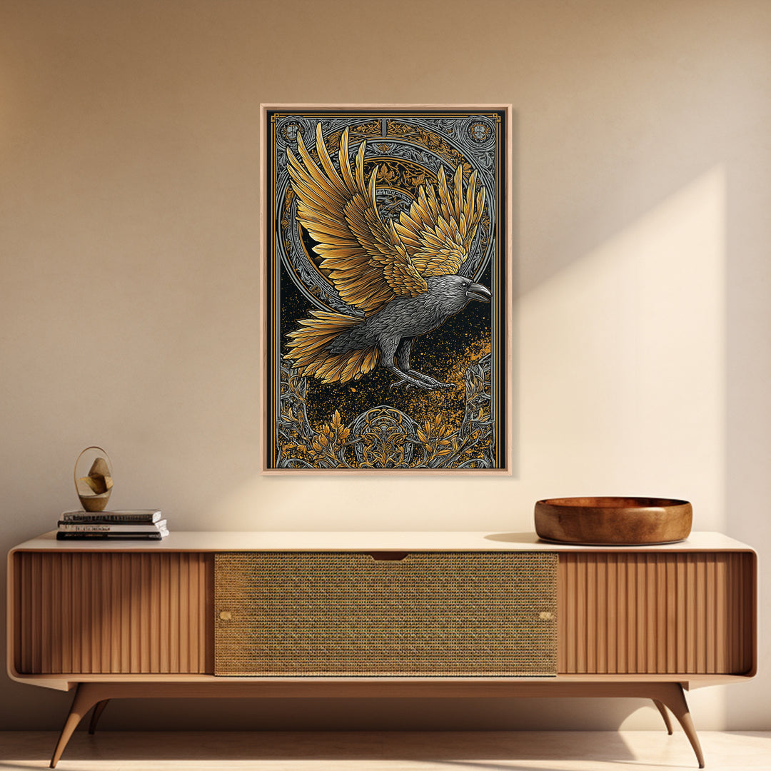 Huginn and Muninn Raven Canvas Gold Art Canvas Art | Norse Mythology Wall Hanging for Man Cave Decor | Real Wood Frame Included