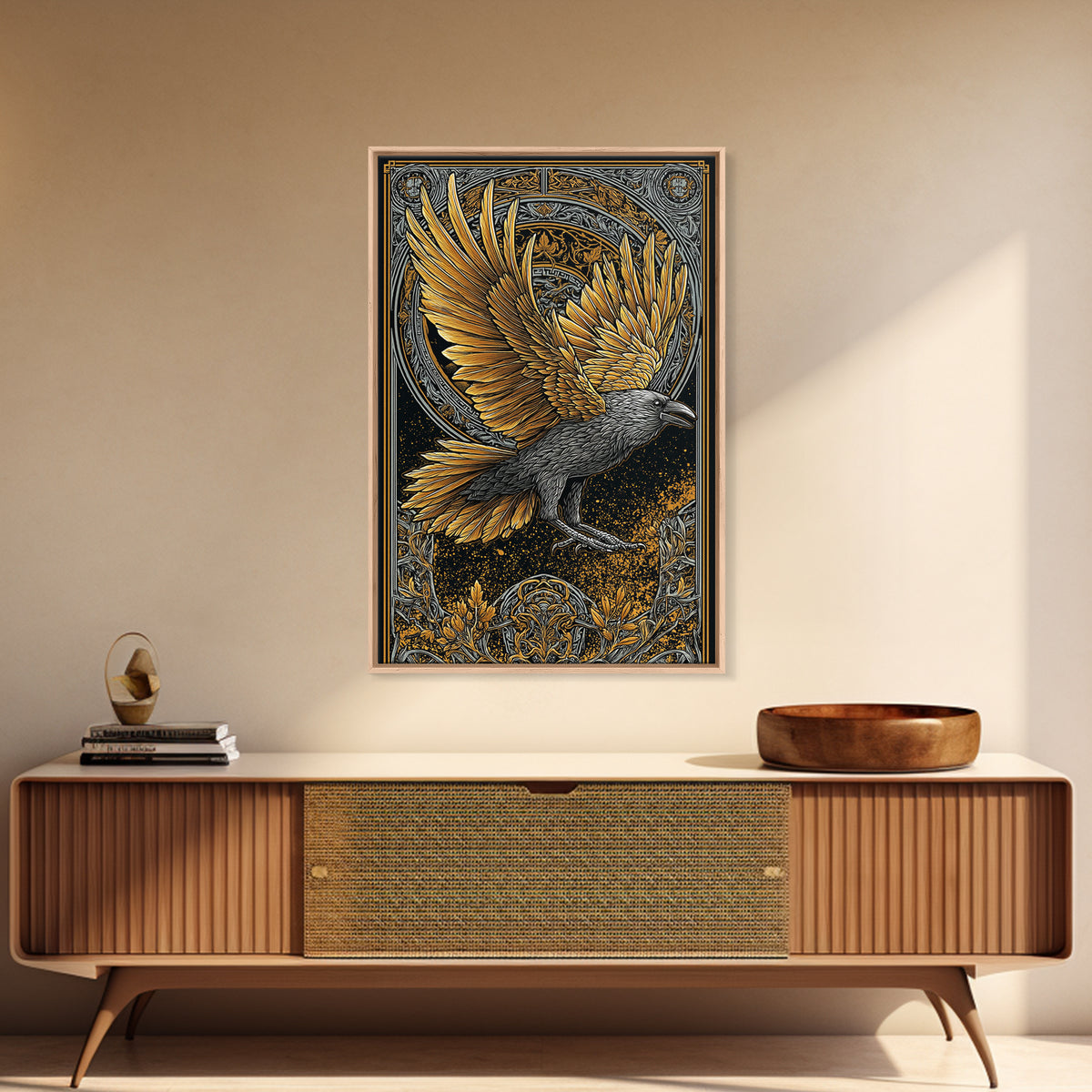 Huginn and Muninn Raven Canvas Gold Art Canvas Art | Norse Mythology Wall Hanging for Man Cave Decor | Real Wood Frame Included