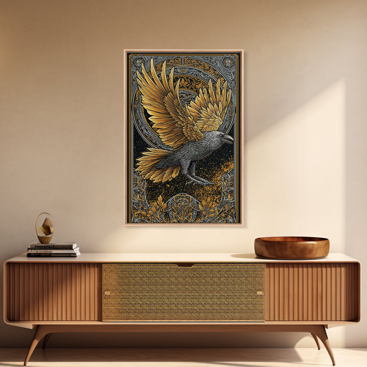 Huginn and Muninn Raven Canvas Gold Art Canvas Art | Norse Mythology Wall Hanging for Man Cave Decor | Real Wood Frame Included