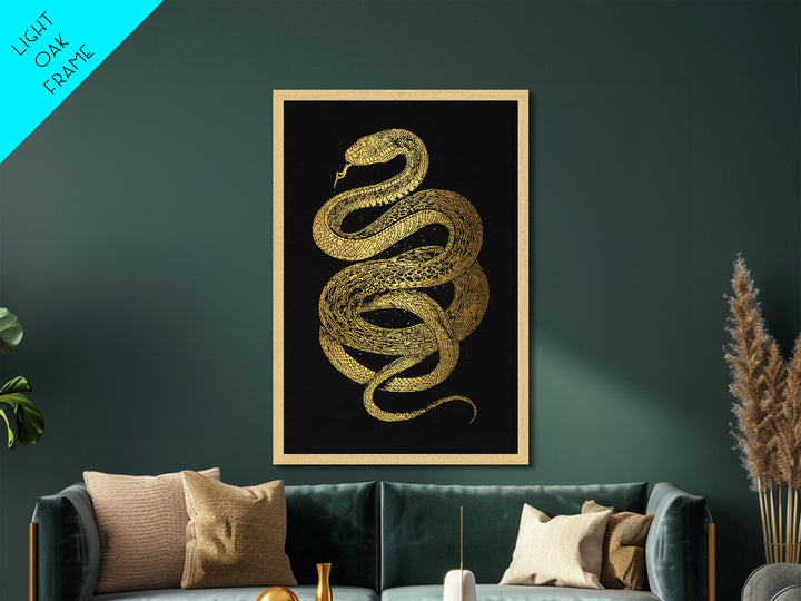 Jormungandr Serpent Metallic Gold Art Metal Art | Viking Snake Norse Mythology Wall Art for Office or Man Cave | Framed in Wood