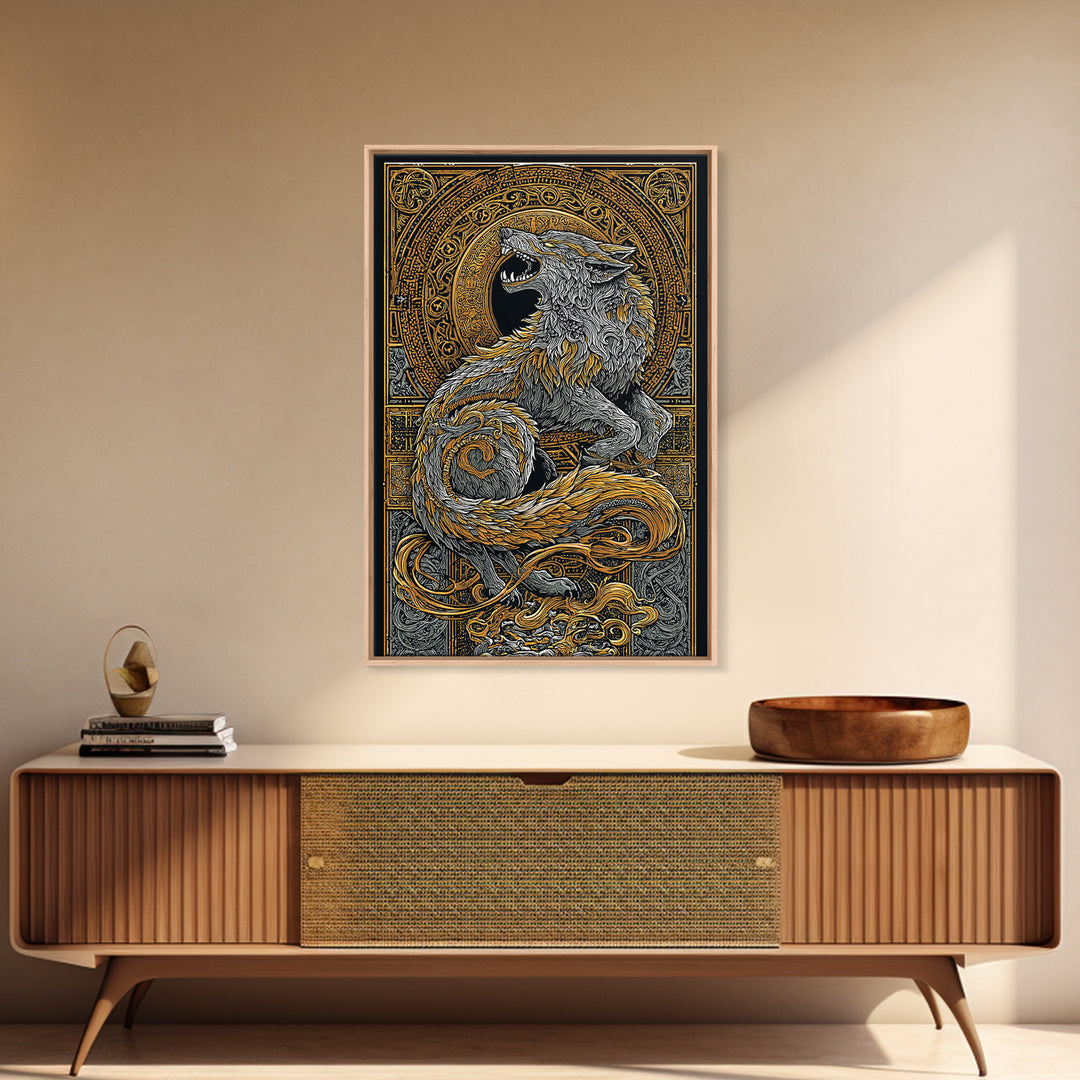 Fenrir Wolf Canvas Gold Art Canvas Art | Norse Mythology Viking Wolf Wall Decor for Dad Gift or Office Art | Real Wood Frame