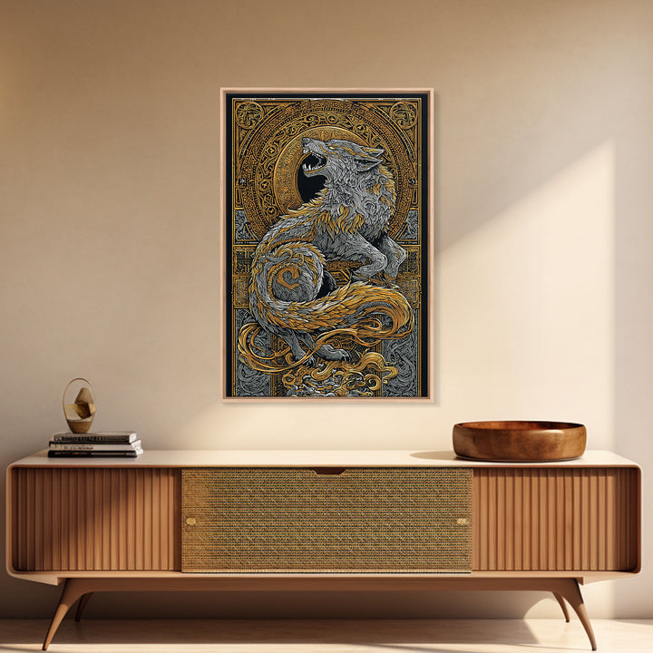 Fenrir Wolf Canvas Gold Art Canvas Art | Norse Mythology Viking Wolf Wall Decor for Dad Gift or Office Art | Real Wood Frame