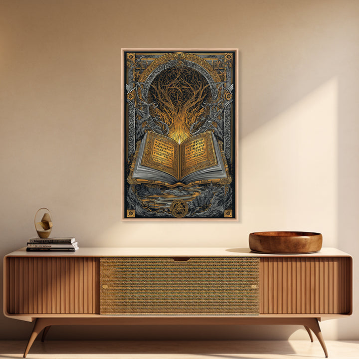 Viking Grimoire Canvas Gold Art Canvas Art | Norse Mythology Rune Book Wall Decor for Dad Gift or Study | Framed in Real Wood