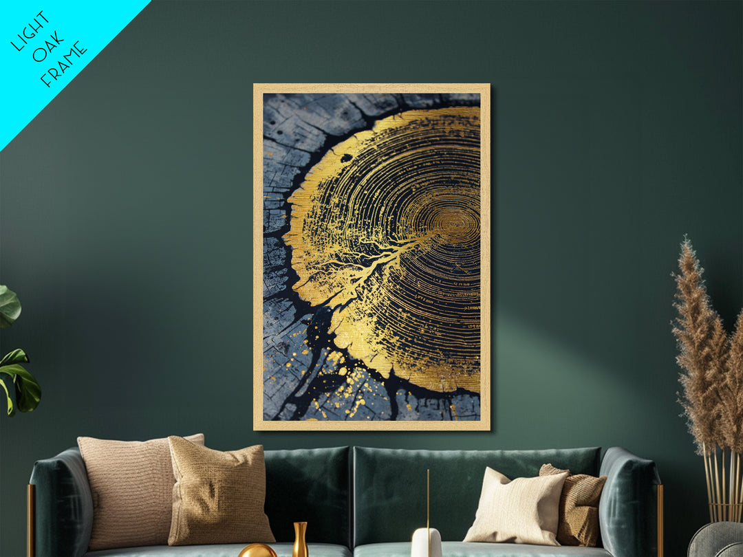 Odin’s Yggdrasil Tree Ring Metallic Gold Art, Nordic Mythology Metal Art for Man Cave or Office, framed in natural real wood